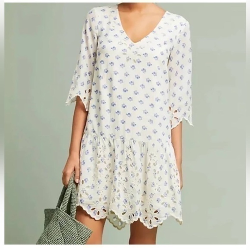 Anthropologie Cream and Blue Floral Dress